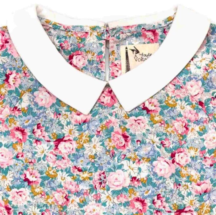 pink and blue liberty flowers blouse, white Claudine collar, long sleeves with elastic cuffs from the fair trade children's fashion brand LA FAUTE A VOLTAIRE