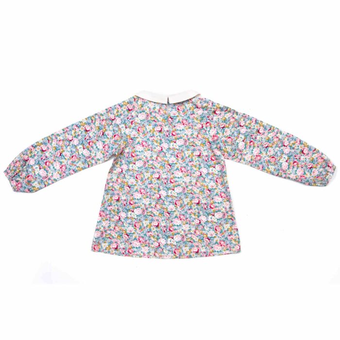 pink and blue liberty flowers blouse, white Claudine collar, long sleeves with elastic cuffs from the fair trade children's fashion brand LA FAUTE A VOLTAIRE