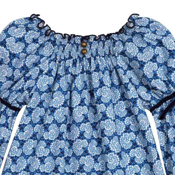 royal blue liberty cotton blouse with smocks collar and balloon sleeves for children from 2 to 14 years old