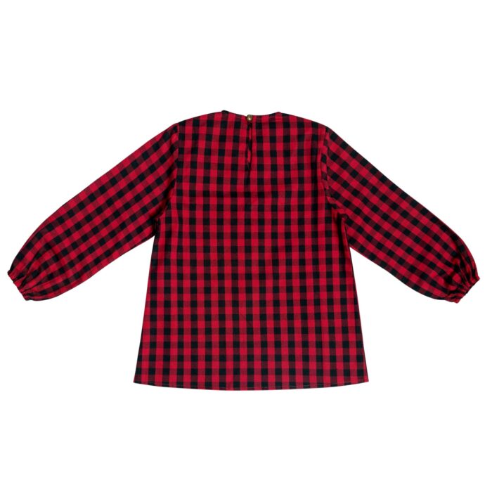 Black and red plaid blouse with ruffled collar and elastic sleeves for girls 2 to 12 years old