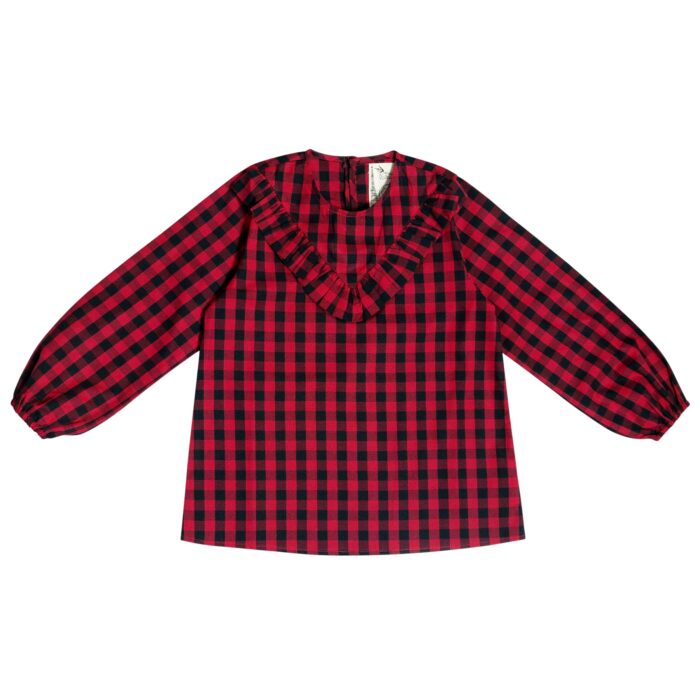 Black and red plaid blouse with ruffled collar and elastic sleeves for girls 2 to 12 years old