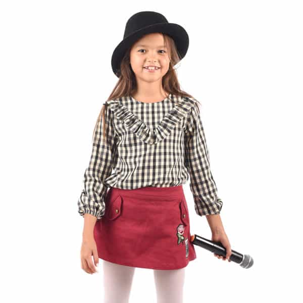 Black and beige plaid blouse with ruffled collar and elastic sleeves for girls aged 2 to 12