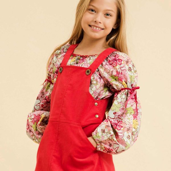 Smocks collar blouse in red, yellow and green liberty cotton, puffy sleeves, smock collar of the children's fashion brand LA FAUTE A VOLTAIRE