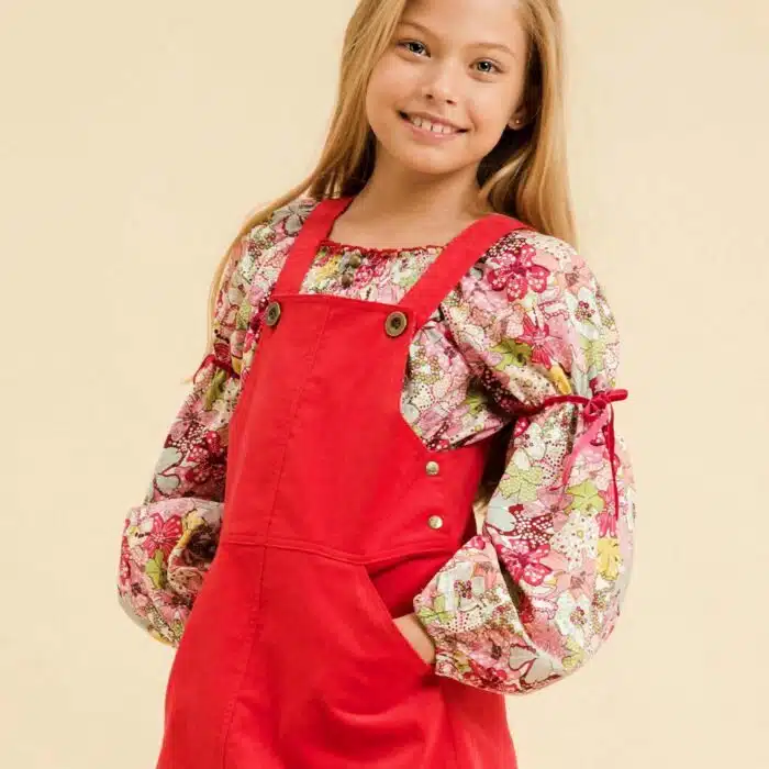 Blouse with smocked collar in red, yellow and green floral liberty cotton, puffed sleeves, smocked collar from the children's fashion brand LA FAUTE A VOLTAIRE
