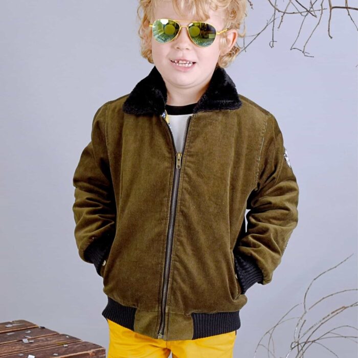Khaki velvet inter-season aviator jacket with pockets, zipper and black faux fur lining for boys 2 to 12 years old. La Faute à Voltaire, French designer brand for children in fair trade.