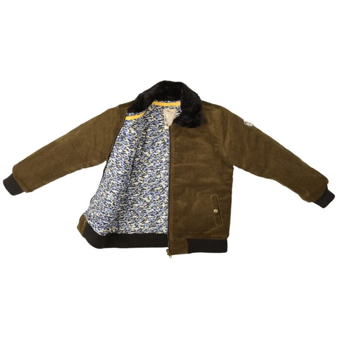 Khaki velvet inter-season aviator jacket with pockets, zipper and black faux fur lining for boys 2 to 12 years old. La Faute à Voltaire, French designer brand for children in fair trade.