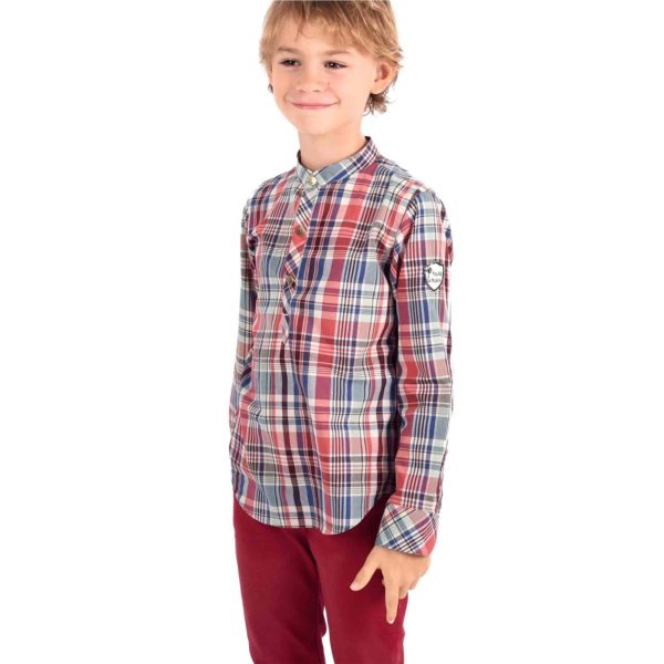 Mao Collar shirt in burgundy, blue, beige and green plaid cotton with snaps for boys from 2 to 12 years old. La Faute à Voltaire, a French creative brand for children in fair trade.