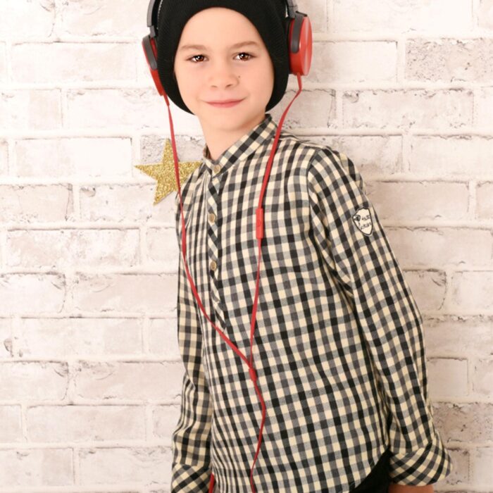 Beige and black gingham cotton Mao collar shirt with snaps for boys from 2 to 12 years old. La Faute à Voltaire, French designer brand for children in fair trade.