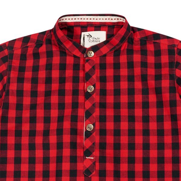 Red and black gingham cotton Mao collar shirt with snaps for boys 2 to 12 years old. La Faute à Voltaire, French designer brand for children in fair trade.