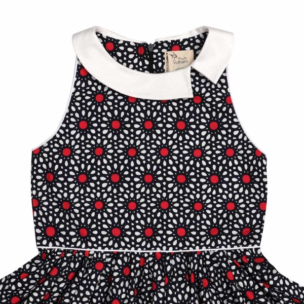 Dress that turns sleeveless navy and red flowers with white Claudine collar for little girls 2 to 14 years old