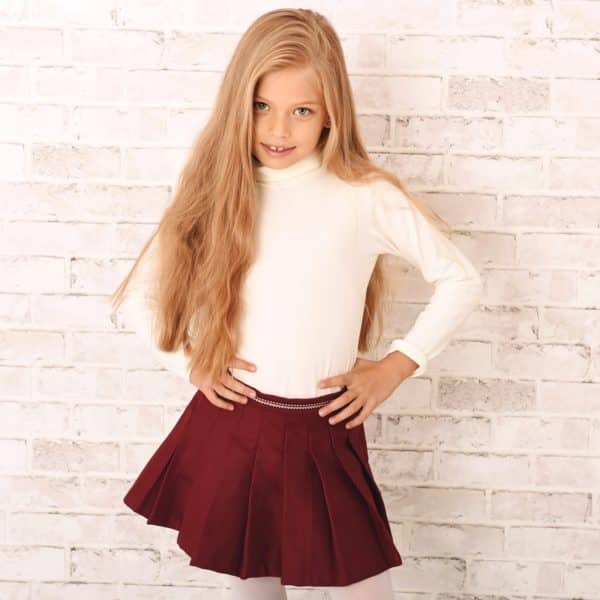 pleated skirt in burgundy plum gabardine cotton for girls 2 to 12 years old
