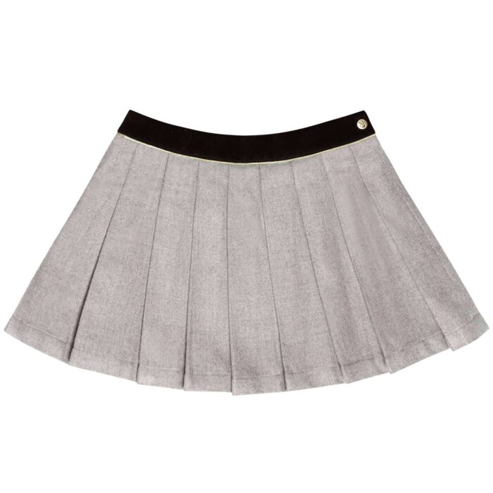 jupe plissée en laine gris souris et ceinture velours noir pour petites filles de 2 à 12 ans