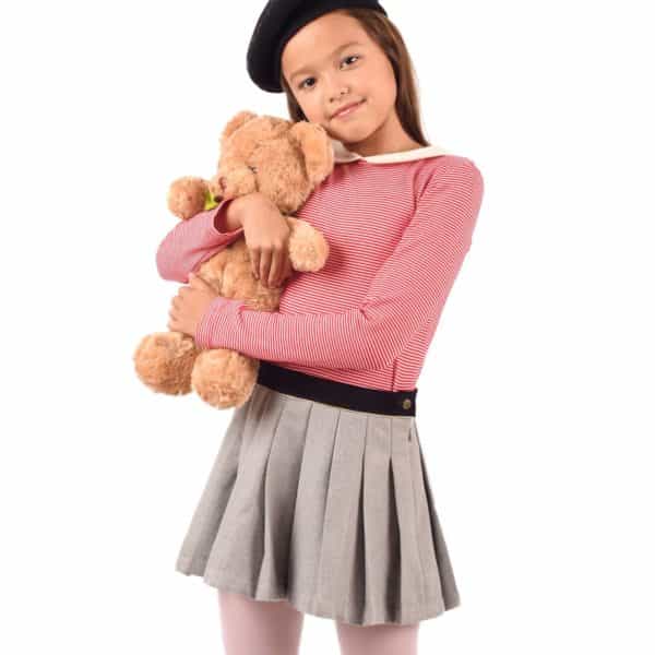 mouse grey wool pleated skirt and black velvet belt for girls aged 2 to 12