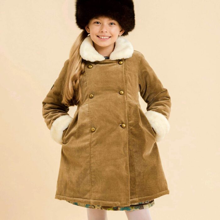 Beige velvet mid-length double-breasted coat with beige faux fur collar for girls 2 to 14 years Children's fashion in fair trade LA FAUTE A VOLTAIRE