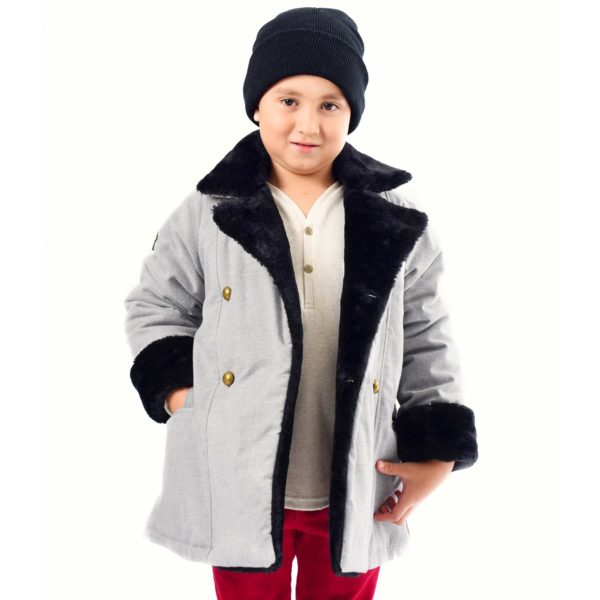 Caban coat in mouse gray wool, with pockets, martingale in the back and faux black fur with collar and sleeves for boy from 2 to 12 years old. La Faute à Voltaire, a French creative brand for children in fair trade.