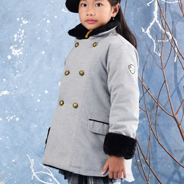 Manteau caban fille et garçon en laine gris et fausse fourrure noir de la marque pour enfant en commerce équitable LA FAUTE A VOLTAIRE