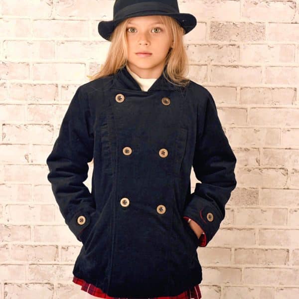 Manteau caban velours noir et doublure intérieure coton tartan rouge pour garçons et filles de 2 à 12 ans