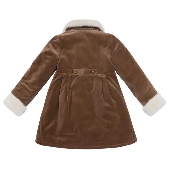 manteau long pour filles de 2 à 14 ans en velours beige avec col et manches longues ajustables en fausse fourrure blanc cassé. Mode enfant en commerce équitable LA FAUTE A VOLTAIRE