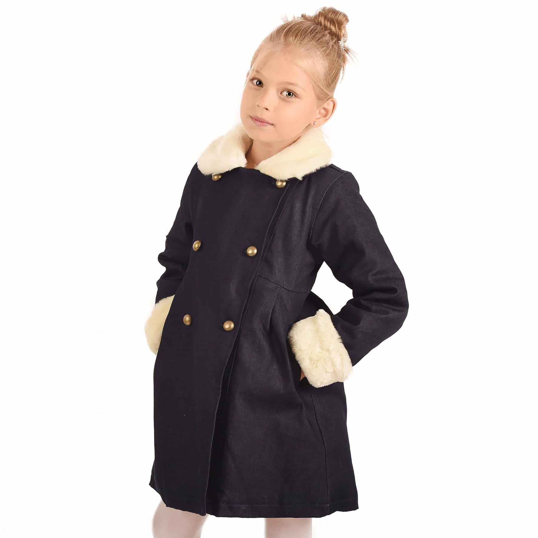 Dark blue denim long coat for girls from the children's fashion brand LA FAUTE A VOLTAIRE