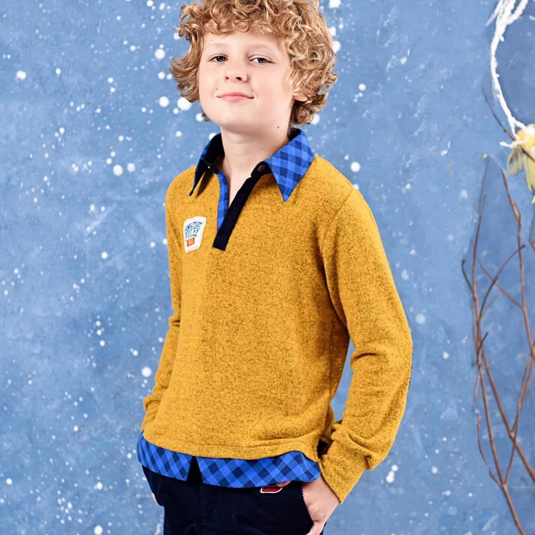 Pull style sweat jaune avec col chemise à carreaux bleu pour garçons de la marque de mode pour enfants La Faute à Voltaire
