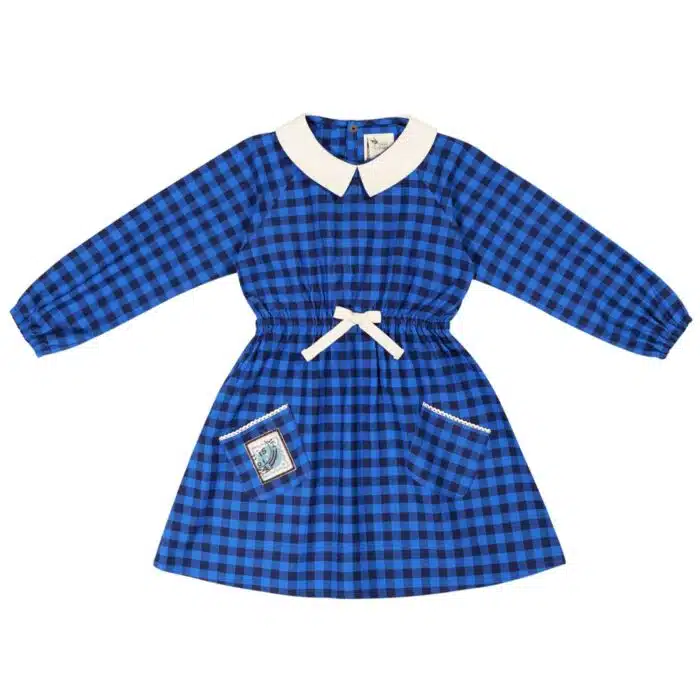 Robe carreaux vichy bleu roi et bleu marine avec manches longues et col Claudine beige de la marque de mode LA FAUTE A VOLTAIRE