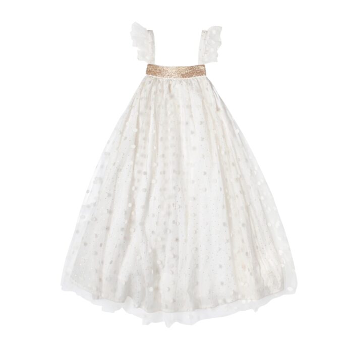 Bohemian off-white veil formal dress with square gold sequin collar, ruffled straps, cotton lining. Model Alizée of the fashion brand for children LA FAUTE A VOLTAIRE