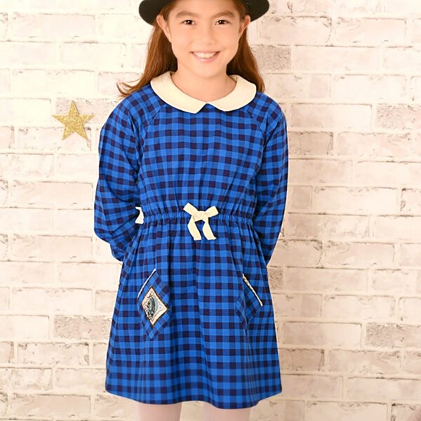 Vichy royal blue and navy blue tile dress with long sleeves, beige Claudine collar for girls from 2 to 12 years old from the children's fashion brand LA FAUTE A VOLTAIRE