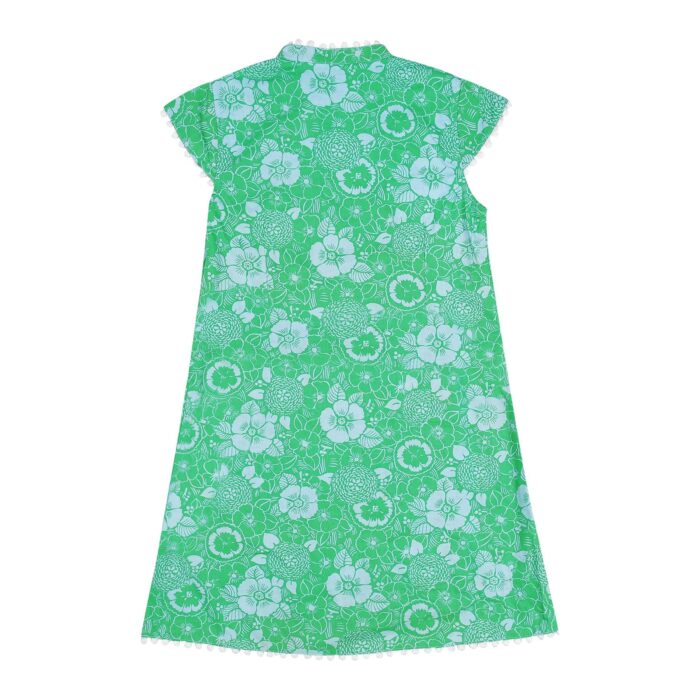 Chinese green and white floral dress with Mao collar lined with white tassels. Asian dress for girls and teens from the children's fashion brand LA FAUTE A VOLTAIRE