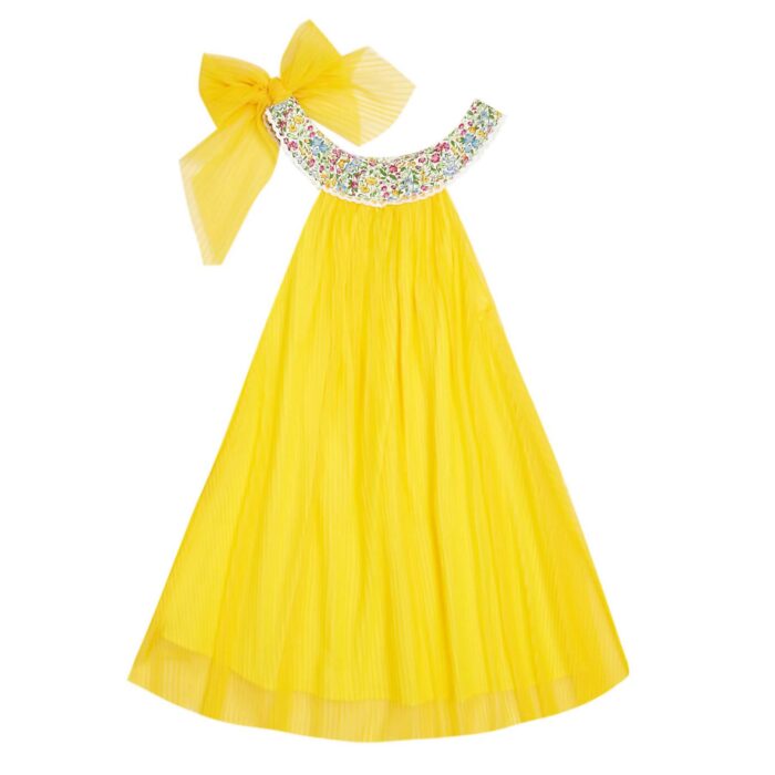 Yellow formal dress with pink and blue floral collar for little girls n from the children's fashion brand LA FAUTE A VOLTAIRE
