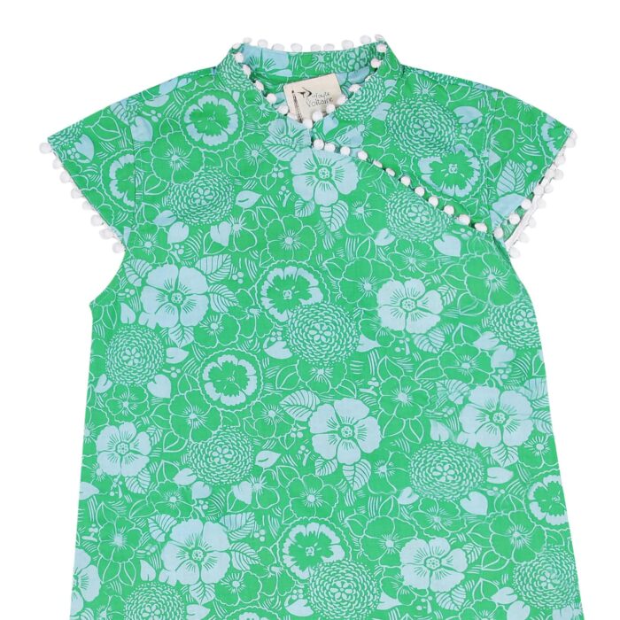 Chinese green and white floral dress with Mao collar lined with white tassels. Asian dress for girls and teens from the children's fashion brand LA FAUTE A VOLTAIRE