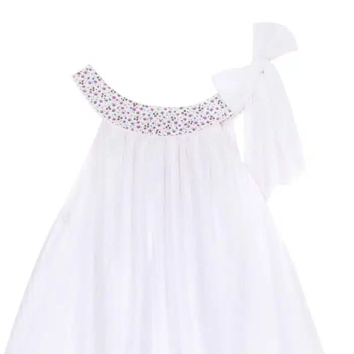 Robe de cérémonie voile blanc et col liberty fleurs violettes pour filles de 2 à 16 ans