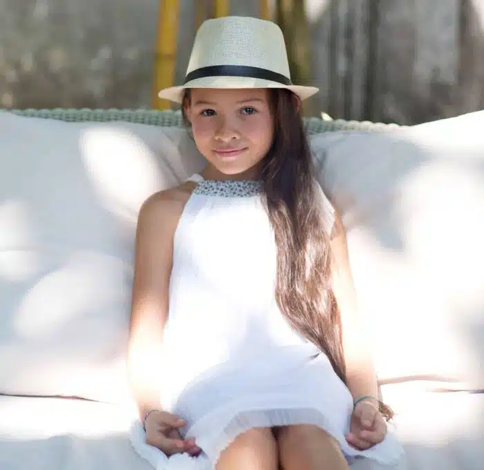 Robe de cérémonie voile blanc et col liberty fleurs violettes pour filles de 2 à 16 ans