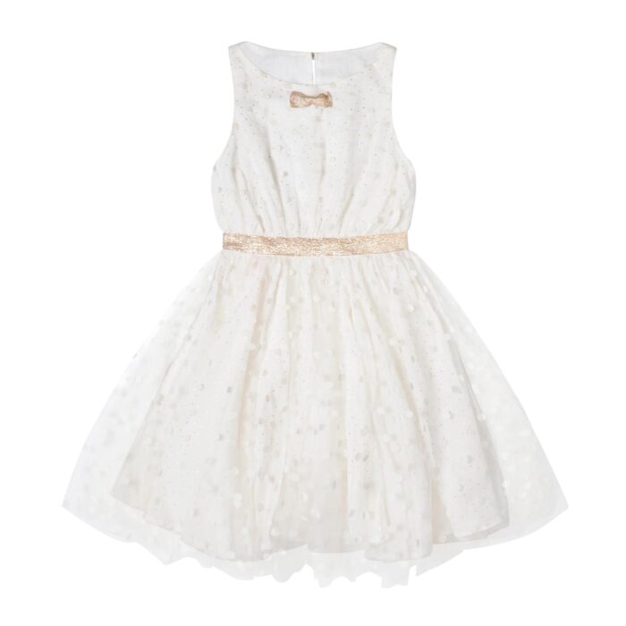 Formal dress that turns for girl in off-white tulle. and belt in gold linen, American armholes bordered with gold bias. Wedding dresses for girls and teens from the children's fashion brand LA FAUTE A VOLTAIRE