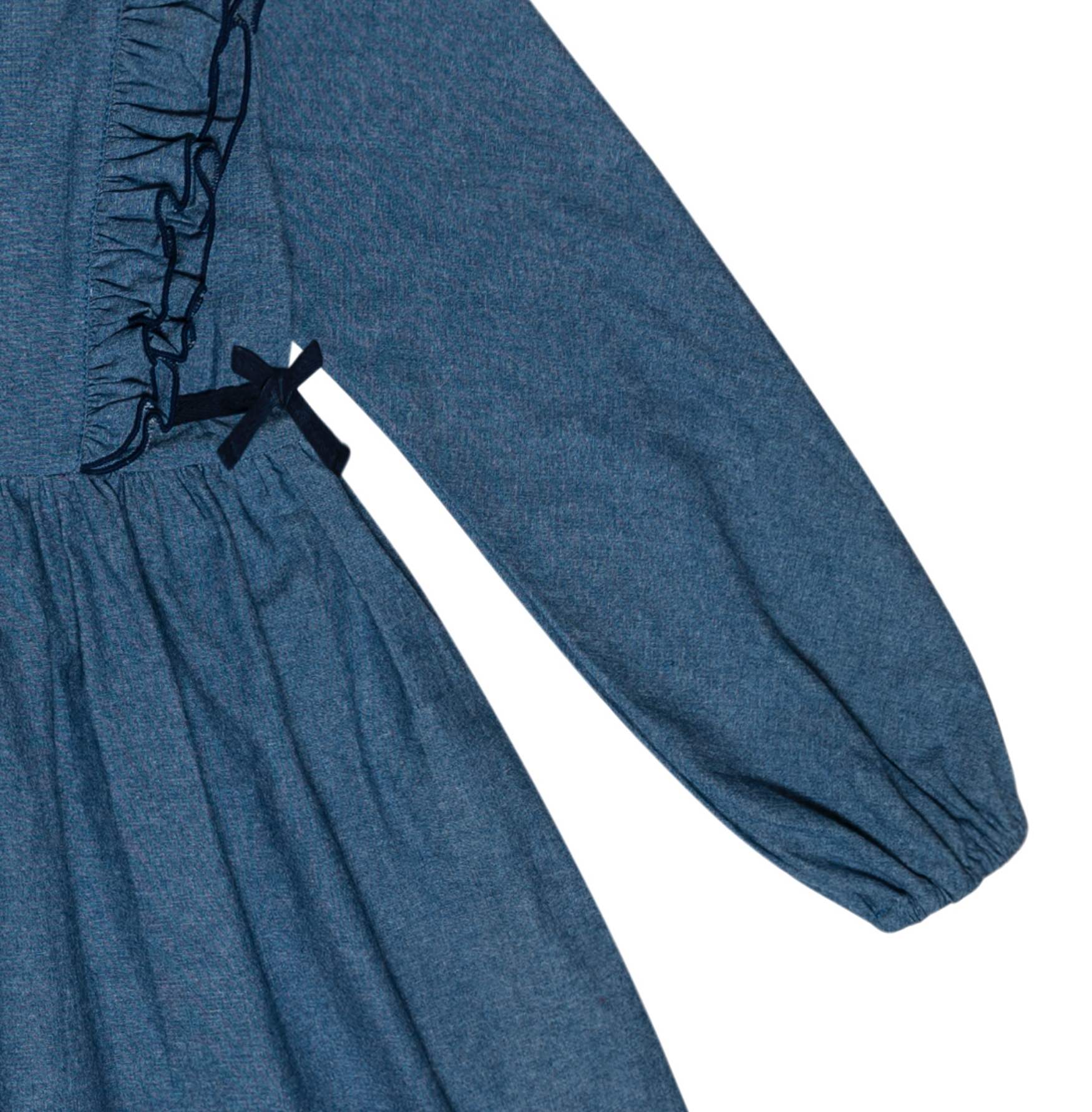 Robe en coton denim bleu foncé à volants et manches longues pour filles et fillettes de la marque de mode pour enfants LA FAUTE A VOLTAIRE