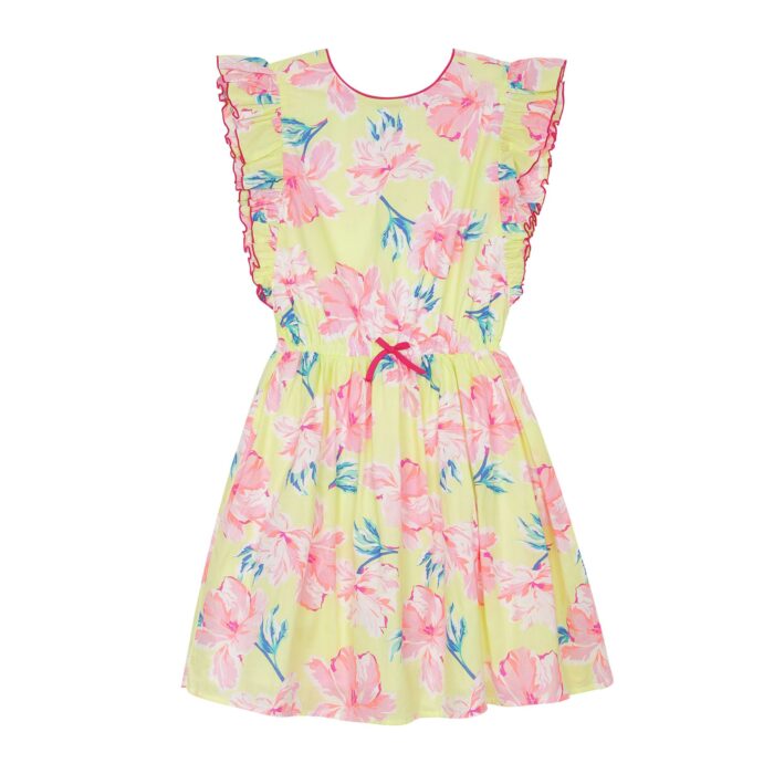 Short sleeve summer dress with ruffles in yellow, green, turquoise pink floral printed cotton, elastic waist, knee length. Elegant V-neck back dress perfect for ceremonies from the children's fashion brand LA FAUTE A VOLTAIRE