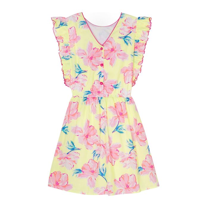 Short sleeve summer dress with ruffles in yellow, green, turquoise pink floral printed cotton, elastic waist, knee length. Elegant V-neck back dress perfect for ceremonies from the children's fashion brand LA FAUTE A VOLTAIRE