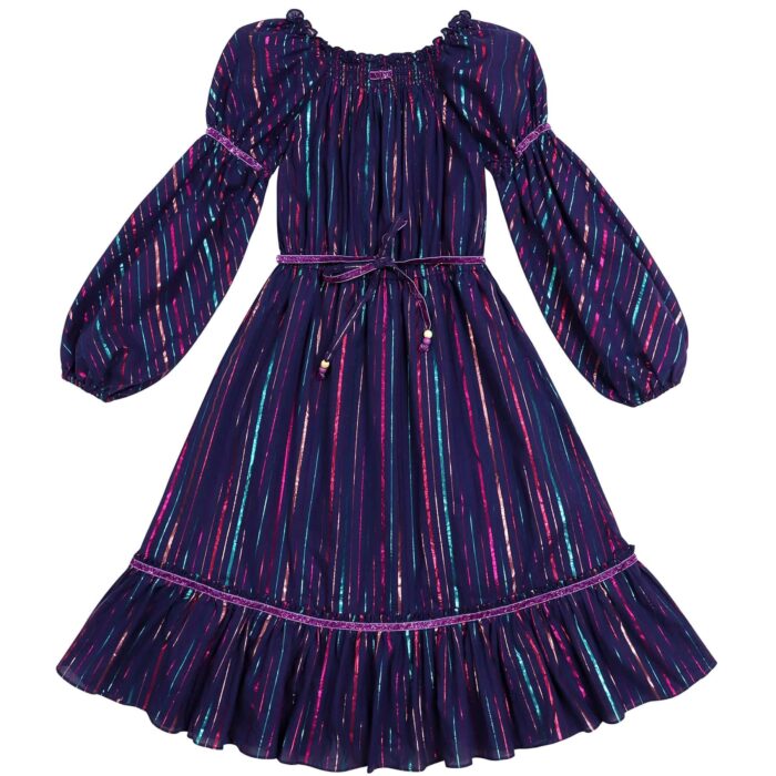 Purple girl's long evening dress with fine sequin stripes, puffed sleeves, ruffles, smocked collar from the children's fashion brand La Faute à Voltaire