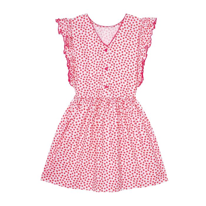 Short sleeve summer dress with ruffles in dark pink and white floral printed cotton, elastic waist, knee length. Elegant V-neck back dress from the children's fashion brand LA FAUTE A VOLTAIRE