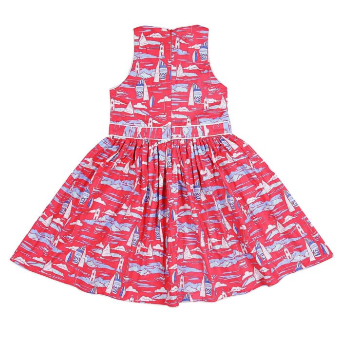 Pink dress with blue sails and American-style armholes for girls from the children's fashion brand LA FAUTE A VOLTAIRE