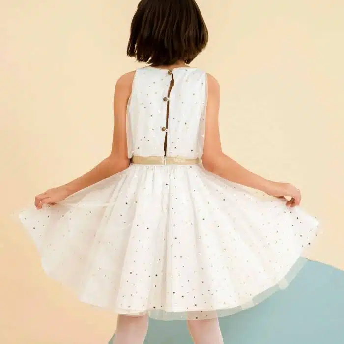 Robe de soirée longue pour fille violettes à fines rayures à paillettes, manches bouffantes, volants, col smocks de la marque de mode pour enfants La Faute à Voltaire
