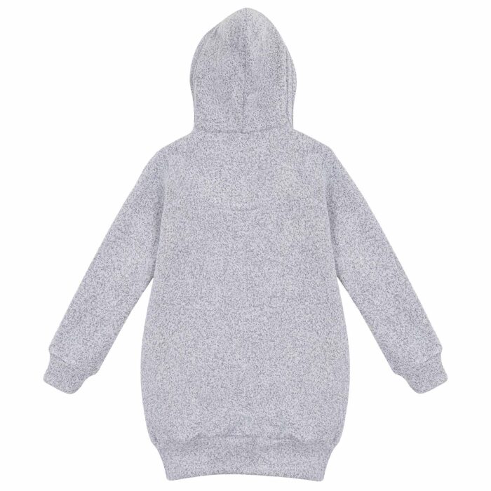 Oversized hooded sweater dress in light grey wool with black Love sequins patch from the children's fashion brand LA FAUTE A VOLTAIRE