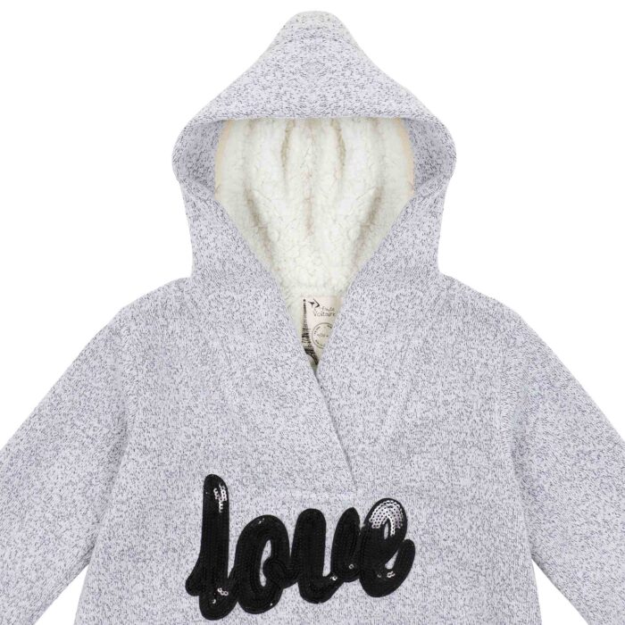 Oversized hooded sweater dress in light grey wool with black Love sequins patch from the children's fashion brand LA FAUTE A VOLTAIRE