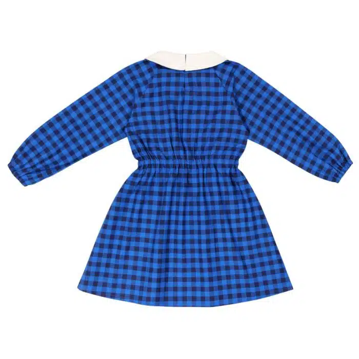 Robe carreaux vichy bleu roi et bleu marine avec manches longues et col Claudine beige de la marque de mode LA FAUTE A VOLTAIRE