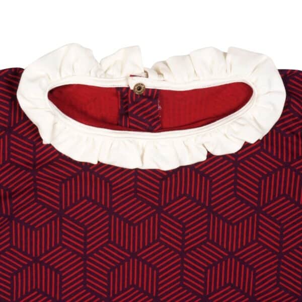 Plum colored cotton jersey long sleeve tee with navy blue geometric pattern, white frilly collar and sleeves. Retro-chic girls' fashion from 2 to 14 years old from the French fair trade children's brand LA FAUTE A VOLTAIRE