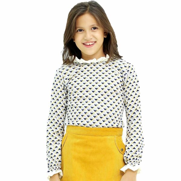Mouse grey cotton jersey long sleeve tee with navy blue and gold geometric patterns, white frilly collar and sleeves. Retro-chic girls' fashion from 2 to 14 years old from the French fair trade children's brand LA FAUTE A VOLTAIRE