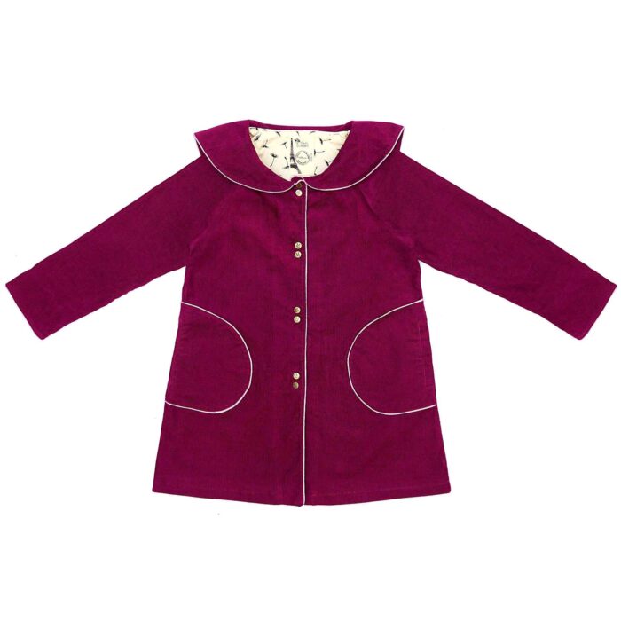 Long jacket with sailor collar in burgundy plum velvet, beige and black cotton lining, adjustable long sleeves for girls from the children's fashion brand LA FAUTE A VOLTAIRE