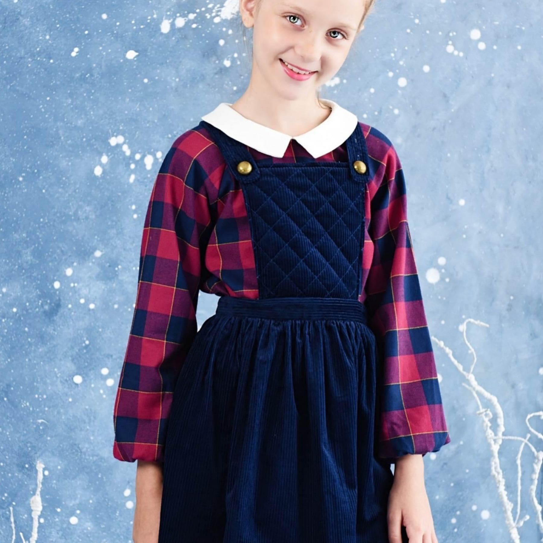 Navy and red tartan blouse with white Claudine collar; long sleeves from the children's fashion brand la faute a voltaire