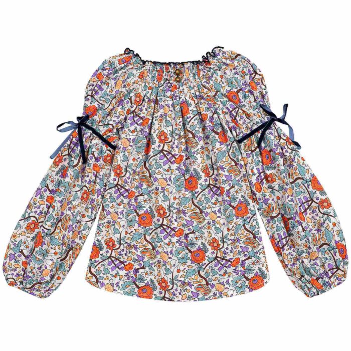 Pretty orange, green and lilac flowered blouse with smocks collar, balloon sleeves from the fashion brand for children la faute a voltaire