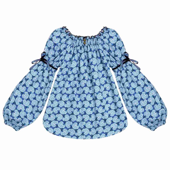 Pretty liberty blue and navy blue flowered blouse, balloon sleeves, smocked collar for girls from the children's fashion brand LA FAUTE A VOLTAIRE