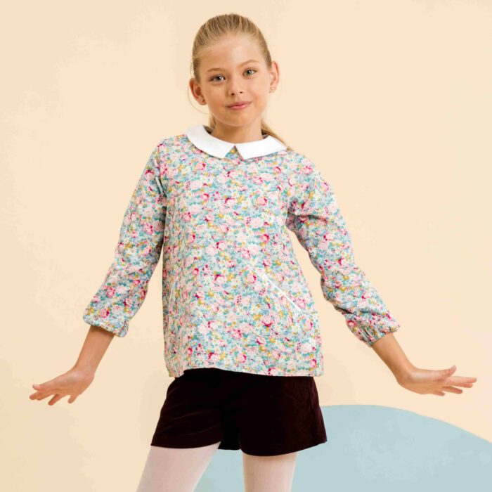 Pastel blue and pink floral Claudine collar blouse for girls and young women from the children's fashion brand la faute a voltaire